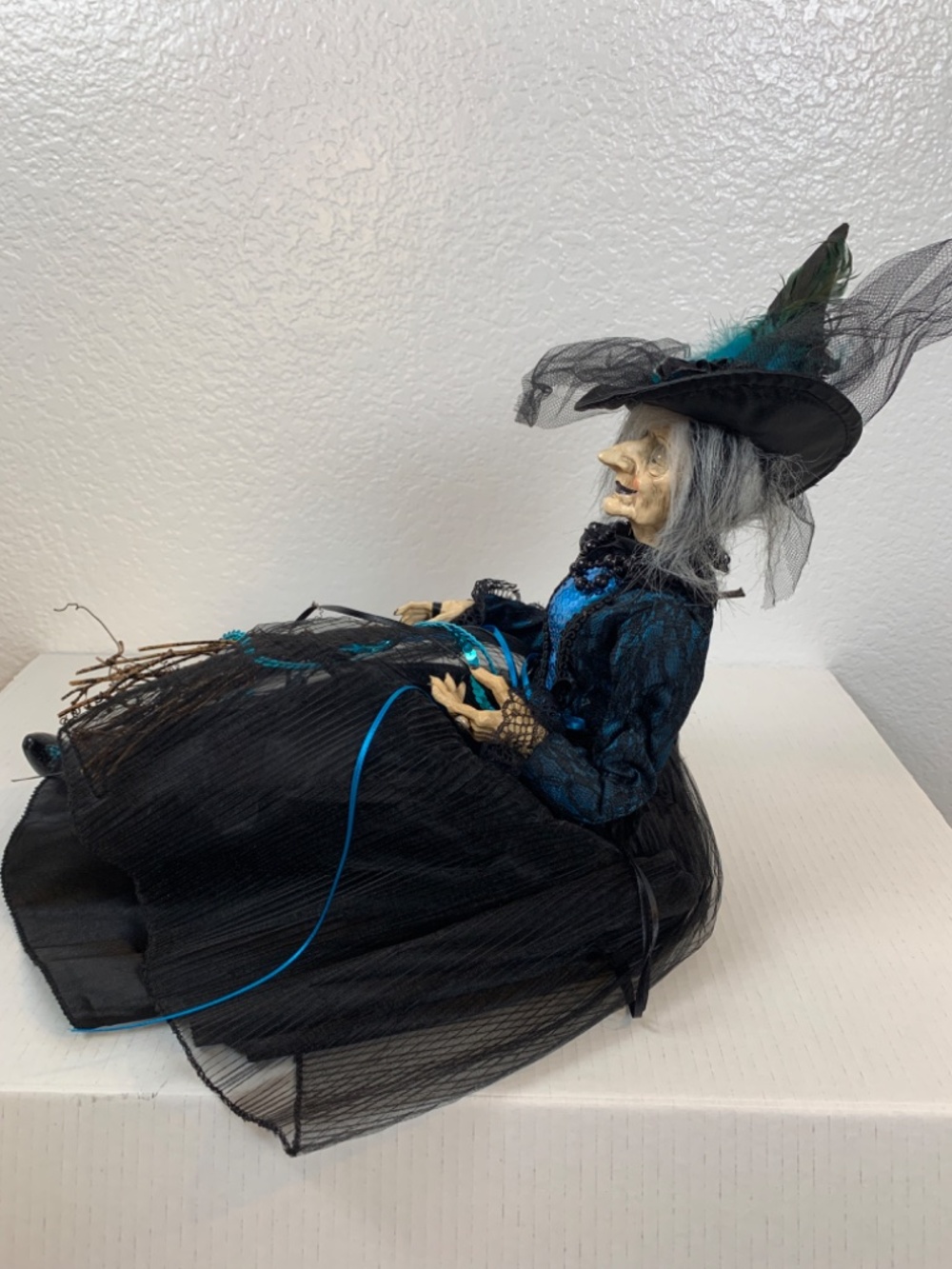 Spooky Old Witch With Broom Doll Shelf Sitter Blue Black Halloween Scary Decor - Picture 14 of 16